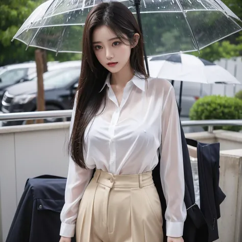 typhoon、Do not use an umbrella、Beautiful woman in the rain、雨で濡れたBeautyOL、Detailed face、Realistic、beautiful girl、Beauty、Office Lady Uniform、beauty、Beautiful woman、Narrow waist、Handsome woman、Tight pants look、suit、Sexy pose、タイトなsuitパンツ、雨で濡れたsuit、Wet shirt、Se...