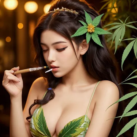 beautiful woman 18 years old smoking a marijuana cigarette, cannabis leaf decorating hair