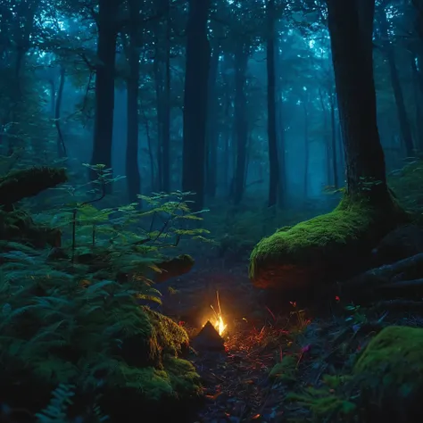 a dark night in the dense forest of romania, moonlit forest, old growth trees, thick underbrush, fog, dark shadows, bioluminescent mushrooms, glowing fireflies, deer silhouettes, owl perched on a branch, (best quality,4k,8k,highres,masterpiece:1.2),ultra-d...