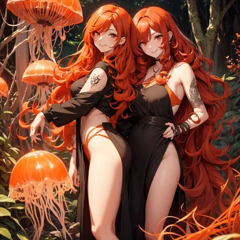 Curly hair woman, red and orange hair, black almond eyes, the expression is relaxed but with a smile,The background is a forest , with not so revealing clothes, with a tattoo of a jellyfish, long hair, an ear piercing 