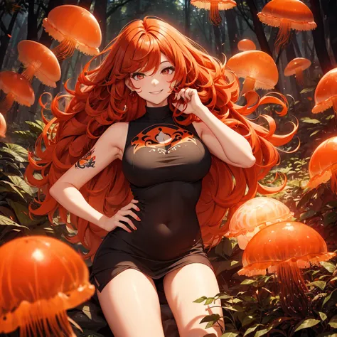 Curly hair woman, red and orange hair, black almond eyes, the expression is relaxed but with a smile,The background is a forest , with not so revealing clothes, with a tattoo of a jellyfish, long hair, an ear piercing 