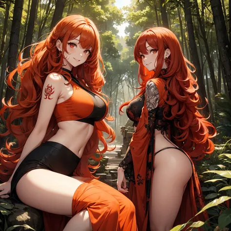 Curly hair woman, red and orange hair, black almond eyes, the expression is relaxed but with a smile,The background is a forest , with not so revealing clothes, with a tattoo of a jellyfish, long hair, an ear piercing 