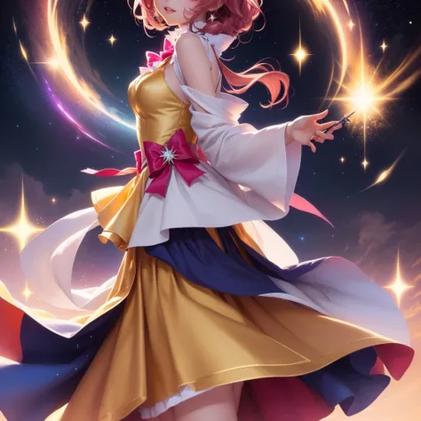 Anime girl in a yellow dress with stars on the background, Splash art anime , Macross Delta splash art, Cute girl anime visuals, Cute anime waifu in a nice dress, Official Anime Artwork, Sparkling Magical Girl, Nightcore, Anime Moe Art Style, Macross Delta...