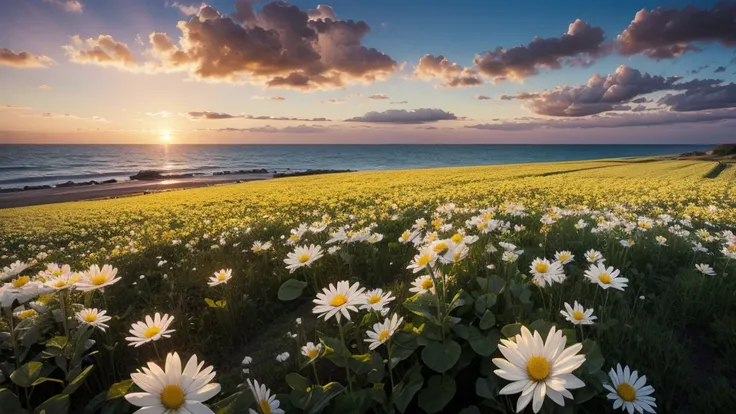 masterpiece , best quality ,sunset, field , white flower , big flower,realistic,seaside