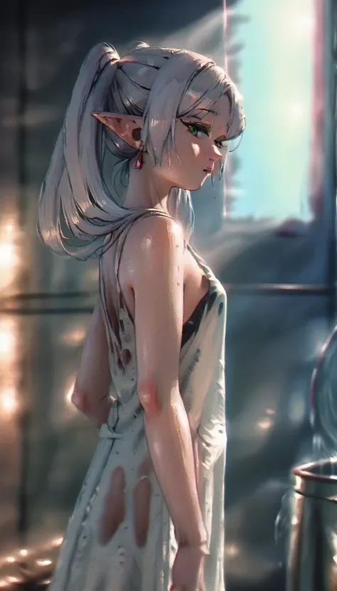 score_9, score_8_up, score_7_up, source_anime, solo, elf, white hair, grey hair, earrings, pointy ears, long hair, ponytail, gre...