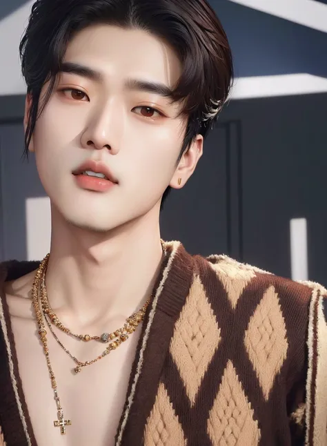 Araffe Asian man wearing a brown sweater and a necklace., Jung Jaehyun, cai xukun, inspired by Zhang Han, hyung tae, daoshi, inspired by Bian Shoumin, jinyoung shin, Yan, Yanjun chengt, kim doyoung, who is siwoo, ruan jia beautiful!, Inspired by Huang Gong...