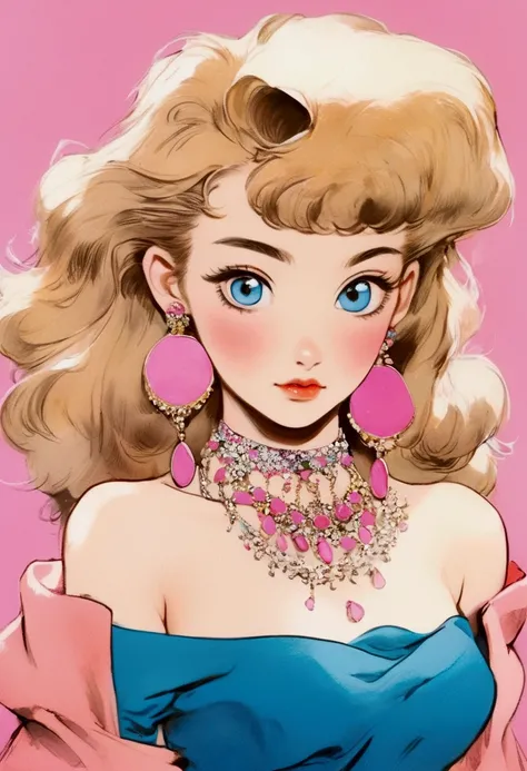 A retro girl（Cute:1.3 points）,（Eighties:1.4 points）,（Retro Hong Kong style:1.3 points），Showa manga，1990s animation style，Vintage jewelry，Double tail，earrings，necklace，blue eyes，Pink clothes，Bust，clavicle，Pink lips，Off-shoulder tops，Black necklace，bangs，Sim...