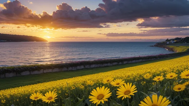 masterpiece , best quality ,sunset, field , yellow flower , big flower,realistic,seaside