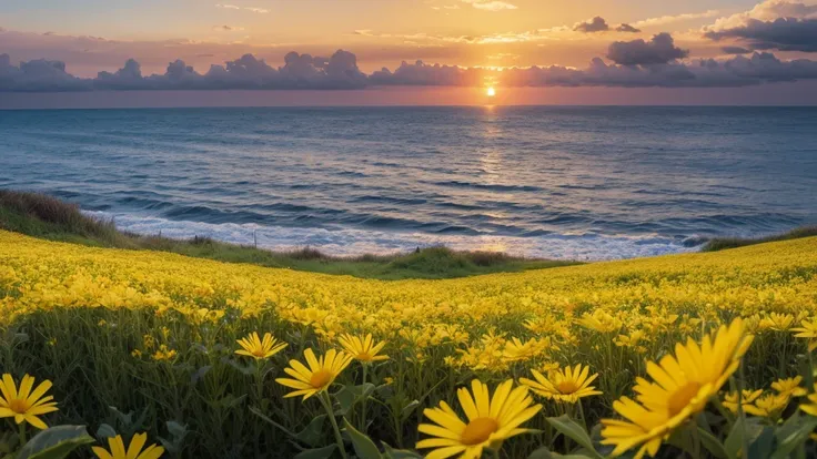 masterpiece , best quality ,sunset, field , yellow flower , big flower,realistic,seaside