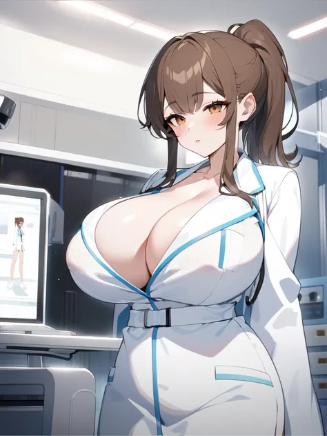 Highest quality、extremely detailed CG、One woman、27-year-old female、Huge breasts:1.3、sagging breast:1.3、White、white coat、white gown、Black inner shirt、Black inner shirtと白いコートを着てカメラに向かってポーズをとるアニメの女の子, (SFW) Safe at Work, breasts covered and SFW, (doctor), chi...