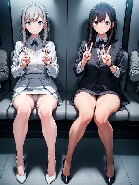 Highest quality, Ultra-high resolution, (Realistic: )2D official style cel animation,((Two girls are sitting in a row with their hands making peace signs))Grey suit、Grey tight mini skirt,(Lace panties)High heels,全身Portrait,Commuter train chair,sunny,Embarr...