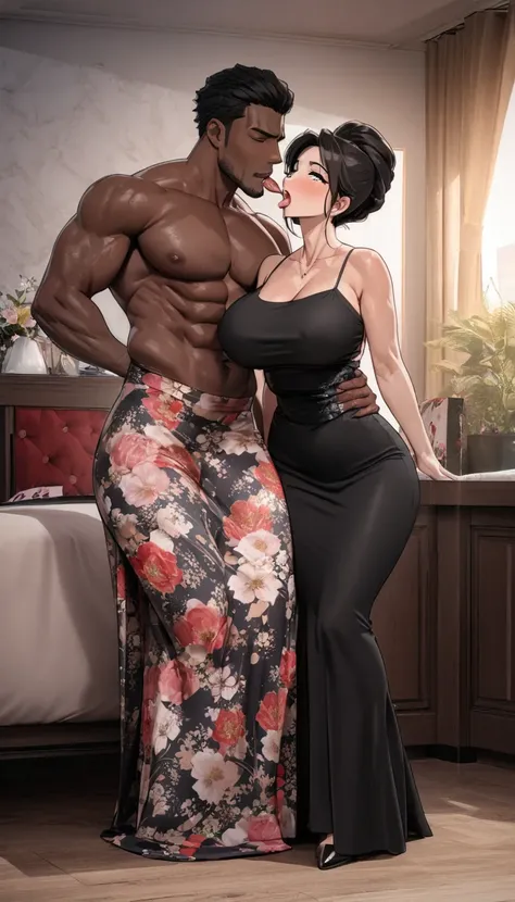 (1 young man), (1 asian Mom), (Duet), A mom seduces a young blackman，（strong and naked black man，short pants，muscle body，bodybuilder），（a young mom with big breasts，narrow waist，bare shoulders，(long skirt dressed, floral print, naked）, European 40 year old ...