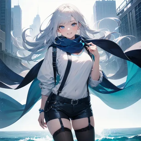 (Masterpiece, Best quality, ultra high resolution), (((1 girl))), Silver hair, Pale skin, Beautiful detailed face, Detailed eyes, posing on a white background, Dynamic lighting, dynamic shadowing, looking at viewer, White street punk fashion with blue deta...