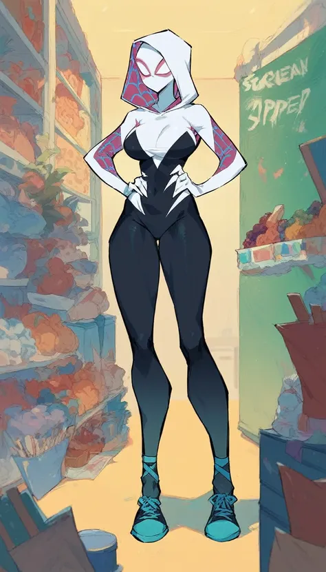 Spider Gwen , 1 woman, mask , abdomen , big breasts , Long legs , Put your hands on your hips..... , canvas shoes , convenience store