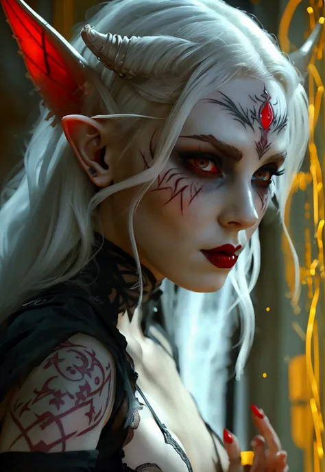 A dark elf (cute woman, pale white skin, large pointy ears, blood red eyes, large evil tattoos, sheer black lingerie), she is studying the glyphs in her summoning chamber, show all of her
