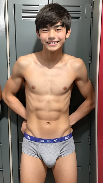 Two Japanese、Both are 14-year-old males.、Well-developed muscles and smooth skin、very short black hair、Friendly and relaxed smile、Open mouth smile、Colorful small boxer briefs、The whole body is visible、In a small locker room、Anatomically correct body