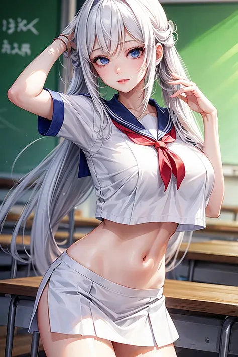 woman, sexy woman, mature female, mommy, long white hair, blue eyes, sharp eyes, detailed lips, big breast, short sleeves sailor uniform, facesitting, classroom, evil smiling, seductive lips, adjusting hair, skirt, hunter eyes, look from below, slighty mid...