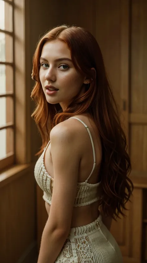 Camera view: a beautiful photo of a 21-year-old influencer model, as a redhead with her mouth wide open, looking at the camera, From the point of view of the man receiving the , intricate, Exquisite details and textures, highly detailed, ultra detailed pho...