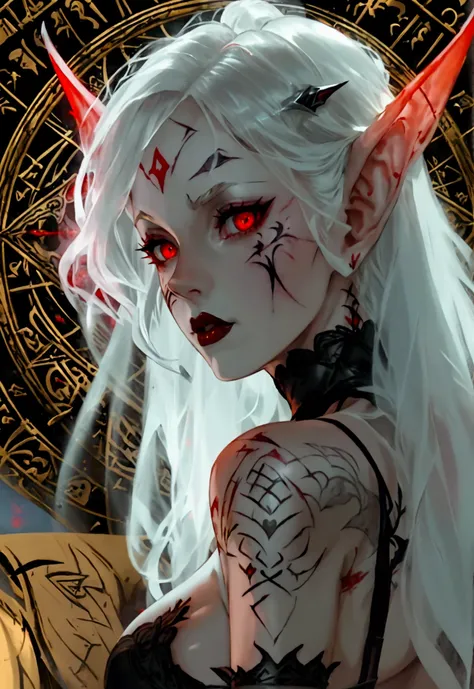 A dark elf (cute woman, pale white skin, large pointy ears, blood red eyes, large evil tattoos, sheer black lingerie), she is studying the glyphs in her summoning chamber, show all of her
