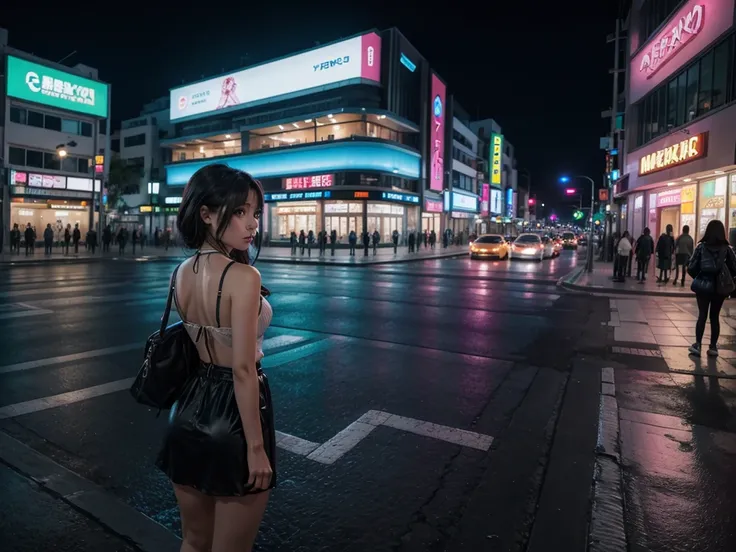 Landscape Mexico City Japan modern avenue anime night neon lights, Mexican anime girl in the middle of the street with her back turned 