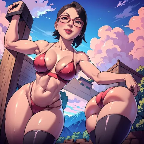 (((solo,1woman, mature, alone))), uchiha sarada, ((short hair, black hair, glowing black eyes, wide eyes, red framed glasses, lipstick, makeup, narrow waist, skinny, medium breasts)), pelvic curtain, ((black bikini)), full body, perfect body, (insanely det...