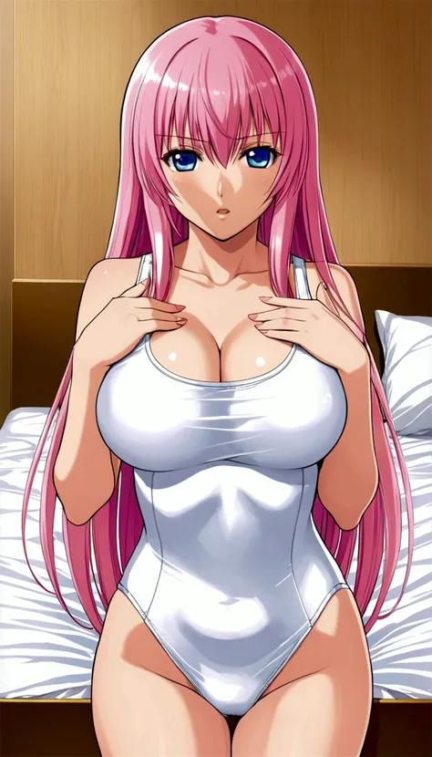 {{masterpiece}},{Detailed and beautiful depiction},Official Art,Beautiful adult woman,Megurine Luka,Pink long hair,blue eyes,Big Breasts,Draw the whole body,School Swimsuit,{{Erotic Seduction:2.0}},{Embarrassing gesture},bedroom