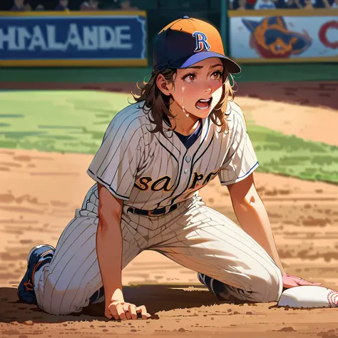 Young beautiful woman,(Highest quality,Extremely detailed depiction,Incredibly absurd high resolution,Anatomically accurate depiction,SFW),(Glowing Skin,Shiny skin),baseball player,Baseball uniform,baseball pants,Baseball hats,Gloves,A pitcher crying on th...