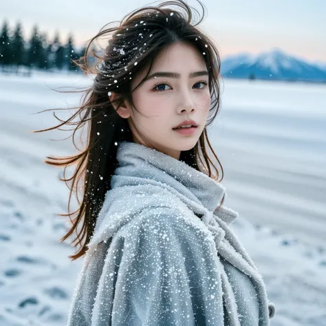 fresh, 1girl, solo, black hair, looking at viewer, outdoors, blurry, snow, messy hair, parted lips, realistic, coat, blurry back...