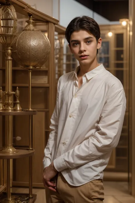 A cute, beautiful twink male with black hair and a face with makeup. He is wearing a white long-sleeved shirt and brown pants. He is in the Antiquities Museum for Scientific Instruments and looks in amazement and shock.