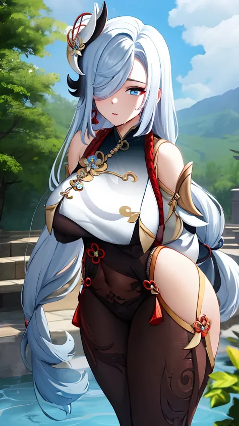 Masterpiece, high quality, shenhe (genshin impact), genshin impact, leaning forward, big breasts, busty, sexy, wide hips, white hair, blue eyes, hair ornament, long hair, breast curtains, bodystocking, hip vent, outdoor, wet, shenhev4, thick thighs, realis...