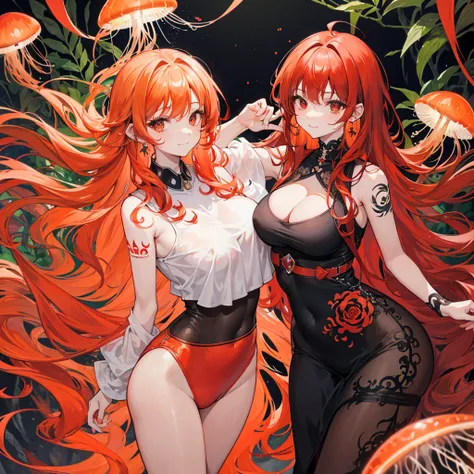 Curly hair woman, red and orange hair, Almond eyes, black eyes, the expression is relaxed but with a smile,The background is a forest , with not so revealing clothes, with a tattoo of a jellyfish, long hair, an ear piercing 