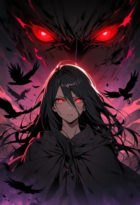 girl, mature, crows, red eyes, black hair, glowing eyes, dark aura, cloak, long hair, main face, front face