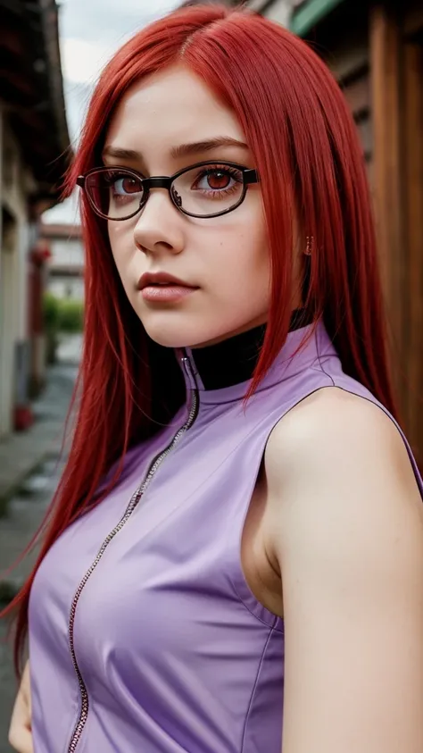 girl, 16 years old, red hair , glasses, long lilac blouse with high collar, red eyes, like karin from naruto