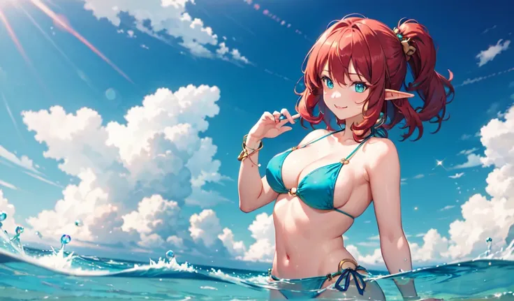 Create a high-quality anime image of a beautiful female elf character standing confidently. She has red hair and a hair ornament. She is wearing a stylish, revealing bikini with great detail. The character is standing with her feet shoulder-width apart, ho...