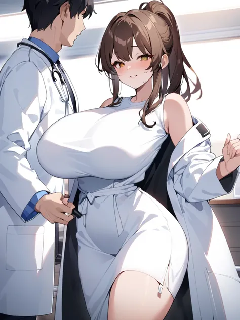 Highest quality、extremely detailed CG、One woman、27-year-old female、Huge breasts:1.3、sagging breast:1.3、White、white coat、white gown、Black inner shirt、Black inner shirtと白いコートを着てカメラに向かってポーズをとるアニメの女の子, (SFW) Safe at Work, breasts covered and SFW, (doctor), chi...