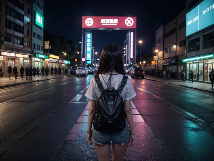 Landscape Mexico City Japan modern avenue anime night neon lights, Mexican anime girl in the middle of the street with her back to herself with a guitar case 