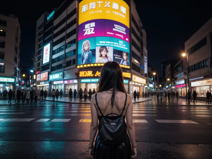 Landscape Mexico City Japan modern avenue anime night neon lights, Mexican anime girl in the middle of the street with her back to herself with a guitar case 