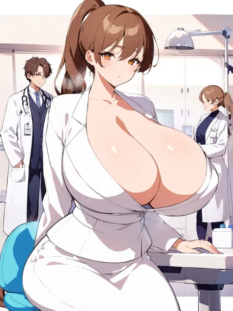 Highest quality、extremely detailed CG、One woman、27-year-old female、Huge breasts:1.3、sagging breast:1.3、White、white coat、white gown、Black inner shirt、Black inner shirtと白いコートを着てカメラに向かってポーズをとるアニメの女の子, (SFW) Safe at Work, breasts covered and SFW, (doctor), chi...