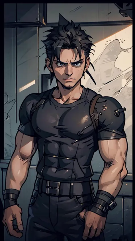 homen, short curly black hair, eyes black, black eyebrow, jeans, black jersey, cloud strife, solid snake