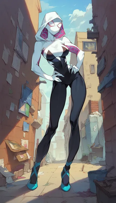 Masterpiece , best quality , Masterpiece , best quality , Spider Gwen , 1 woman, mask , abdomen , big breasts , Long legs , Put your hands on your hips...... , canvas shoes , alley