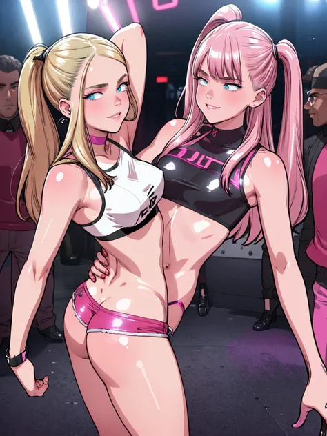 masterpiece, best quality, (2 girls:1.5), nice hips, slut, slutty bimbo clothes, medium breasts, smile, slut, young girl, bratty girl, wide hips, (pink crop top), (shorts), midriff, hip sway, slutty dancing, (nightclub), neon lights, many male, surrounded ...