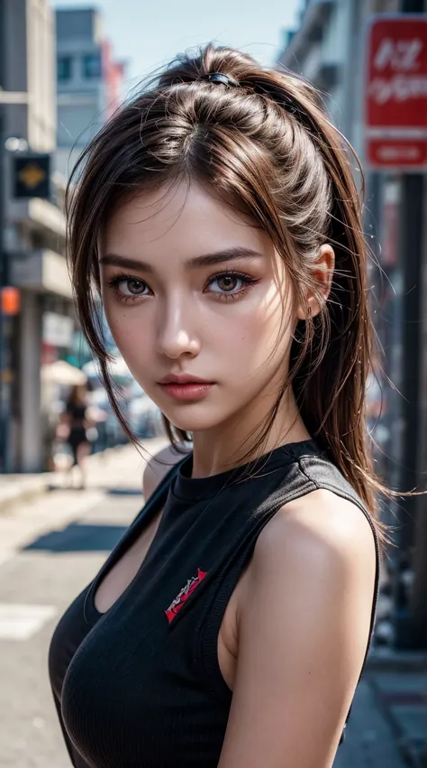 (photorealistic Realism 16K Quality, ultra-fine digital art), (Hyper-realistic proportional body, anatomically correct:1.3), beautiful girl, Half Body Portrait, Short, bright red, messy hair, Black Eyeshadow, ((Street Style Wear:1.35)), (Urban Background:1...