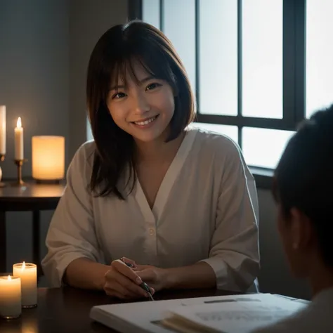 The image shows、A smiling counselor is depicted in a dimly lit room.。The counselor is wearing a gentle smile under warm lighting.、Focused on dialogue with patients。She is dressed simply and professionally.、The table is decorated with candles and counseling...