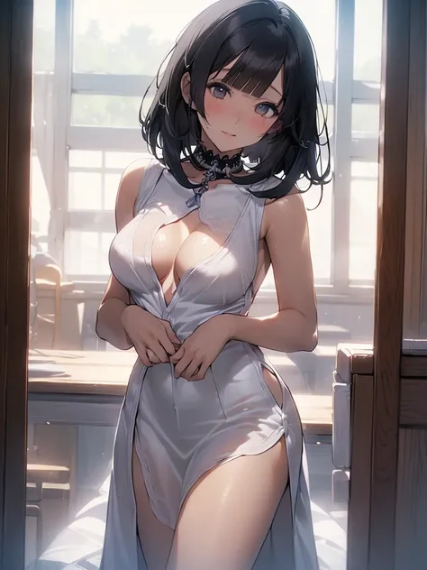 ((black hair medium straight、Black hair medium bob))、独奏、NSFW、(Big Tits、Big Breasts)、(Sleeveless white dress、Sexy one piece、Semi-transparent lace dress)、((black hair medium straight、Black hair medium bob))、(tall、Toned body、slim body、Brown Skin、Sunburn、Big B...