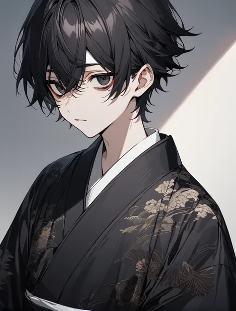 (black_hair), (short_hair), (deep_black_eyes), (high_detailed_eyes), (attractive), (emotionless), (male), (wearing _a_dark_colored_Unique_kimono), (detailed_Hair), (detailed), (detailed_mouth), (Teenager), (dark_under_eyes)