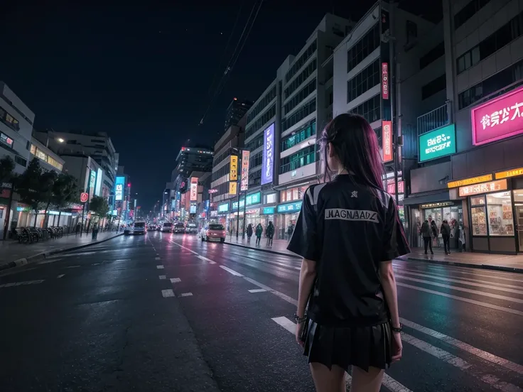 Landscape Mexico City Japan modern avenue anime night neon lights, anime girl in the middle of the street with her back turned in casual uniform