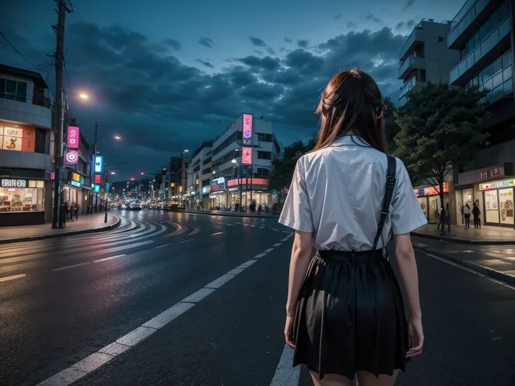 Landscape Mexico City Japan modern avenue anime night neon lights, anime girl in the middle of the street with her back turned in casual uniform