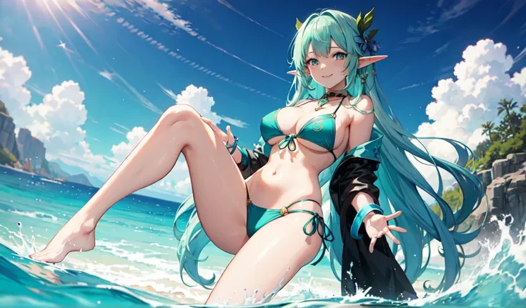 Create a high-quality anime image of a beautiful female elf character standing confidently. She has green hair and a hair ornament. She is wearing a stylish, revealing bikini with great detail. The character is standing with her feet shoulder-width apart, ...