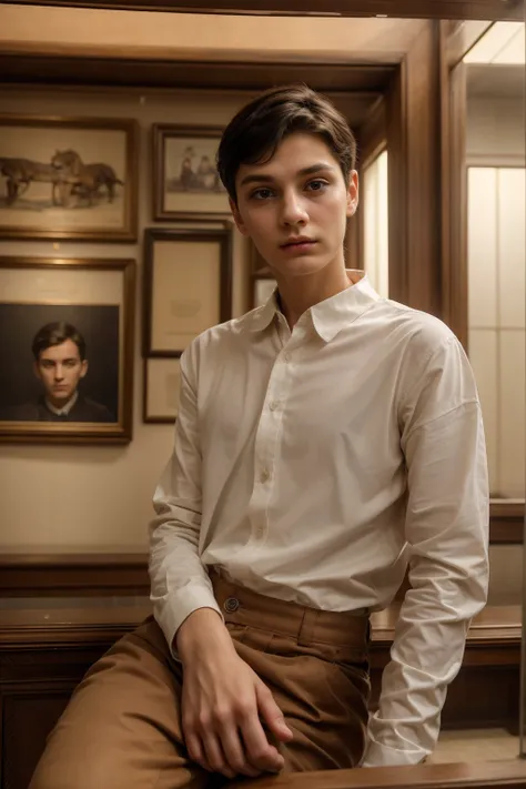 A cute, beautiful male twink with black hair and a face with makeup. He is wearing a white long-sleeved shirt and brown pants. He is in the Museum of Historical Antiquities, looking in wonder and shock as he sits on a chair.