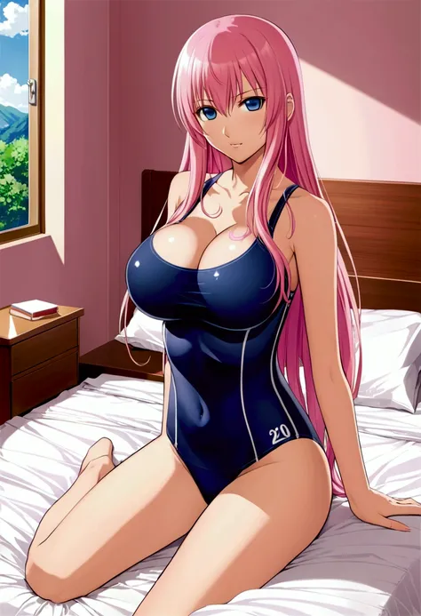 {{masterpiece}},{Detailed and beautiful depiction},Official Art,Beautiful adult woman,Megurine Luka,Pink long hair,blue eyes,Big Breasts,Draw the whole body,School Swimsuit,Semen on my chest,{{Erotic Seduction:2.0}},{Embarrassing gesture},bedroom